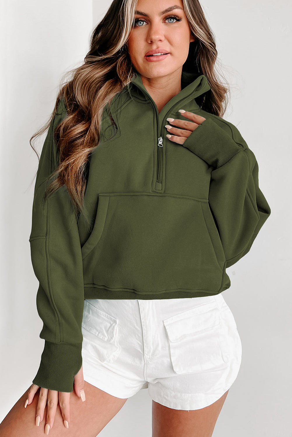 Brown Stand Collar Thumbhole Sleeve Sweatshirt