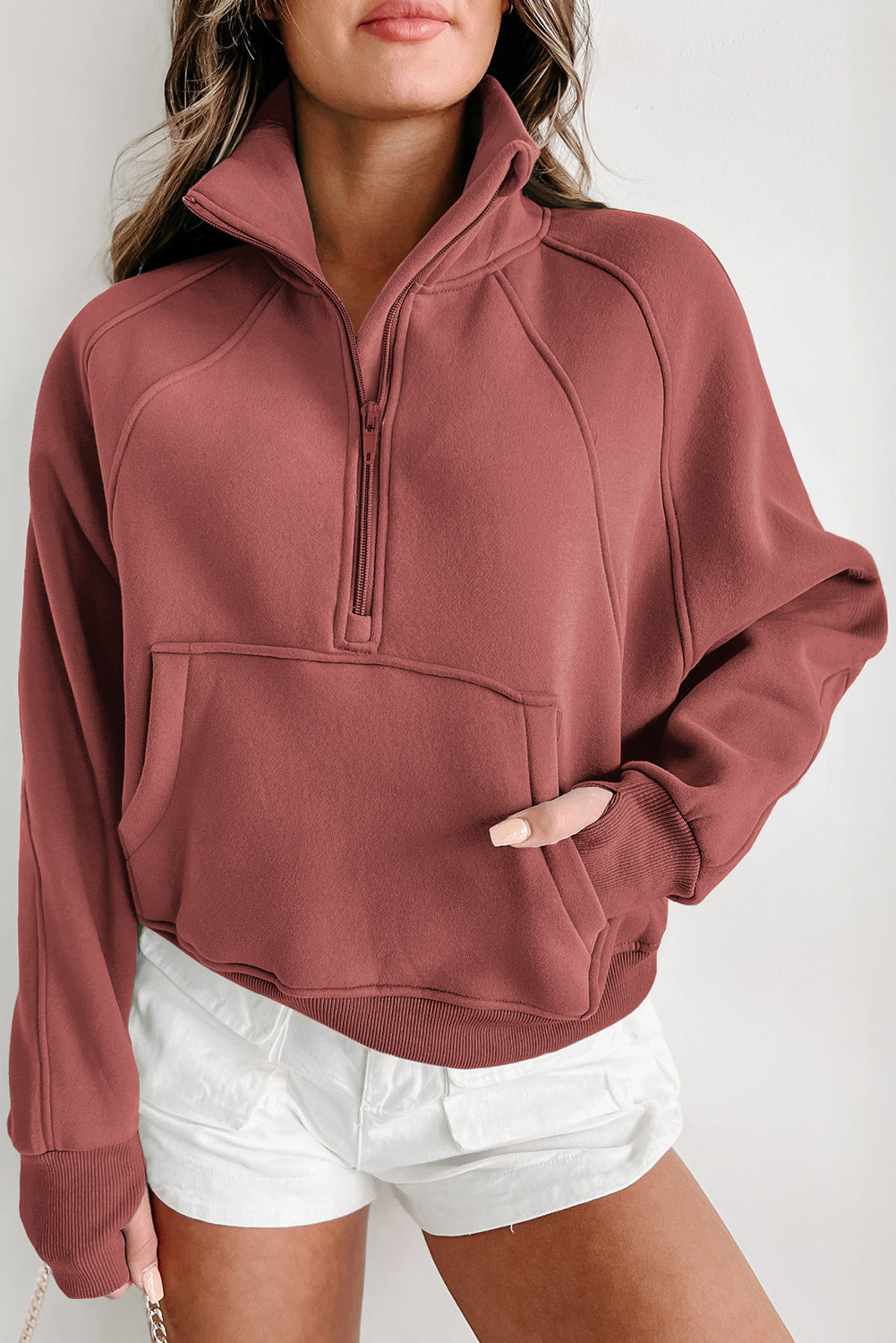 Brown Stand Collar Thumbhole Sleeve Sweatshirt