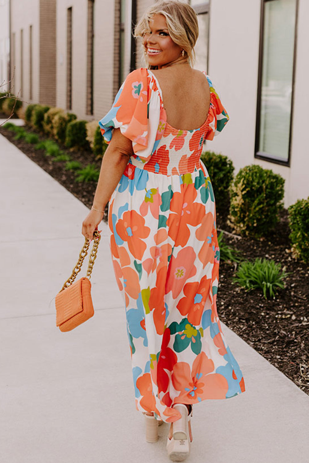Orange Plus Size Floral Print Square Neck Maxi