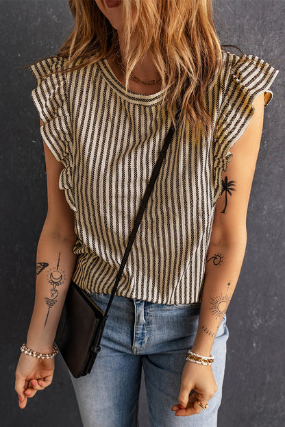 Grey Casual Striped Print Ruffle Summer Top
