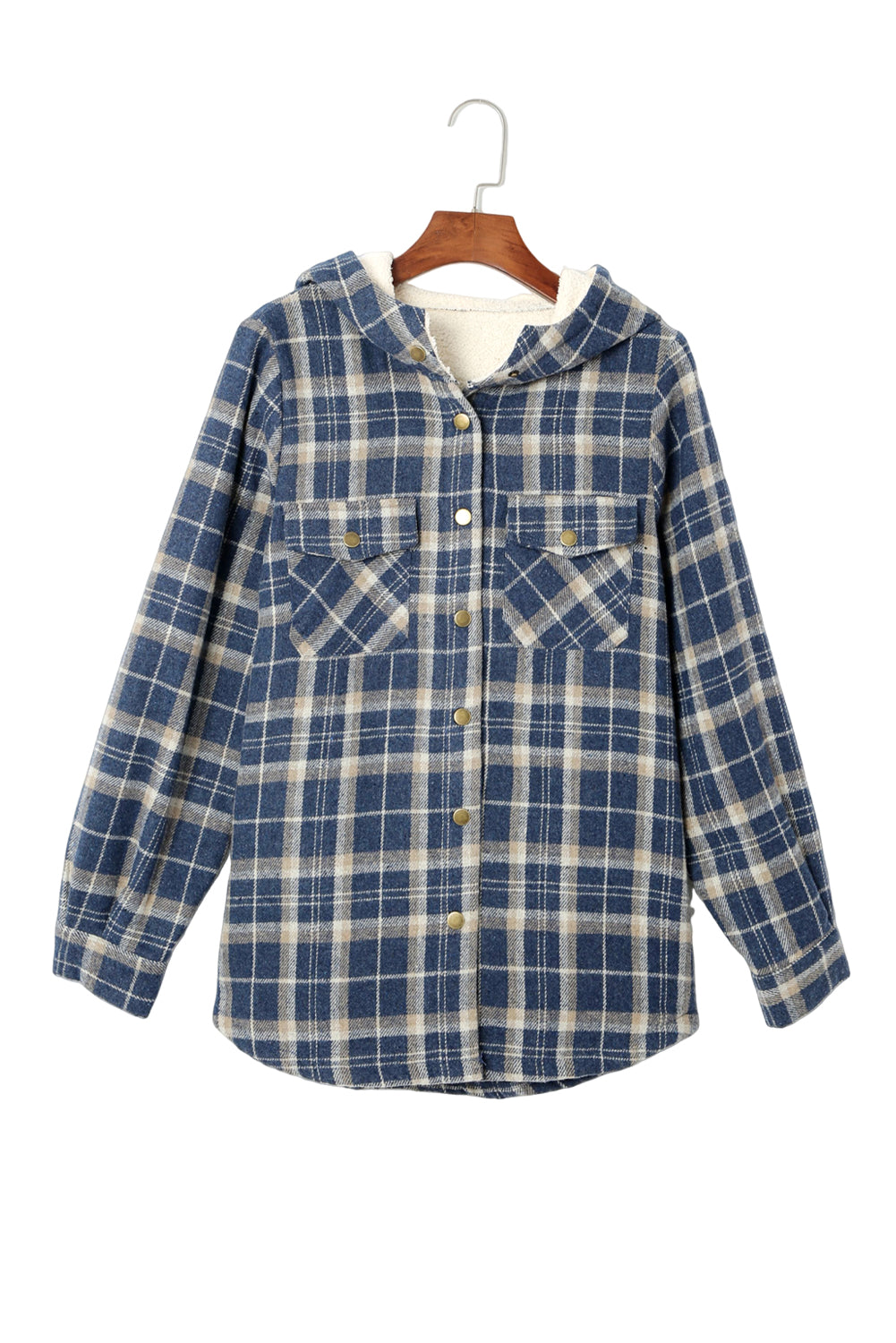 Blue Snap Button Sherpa Lined Hooded Flannel Jacket
