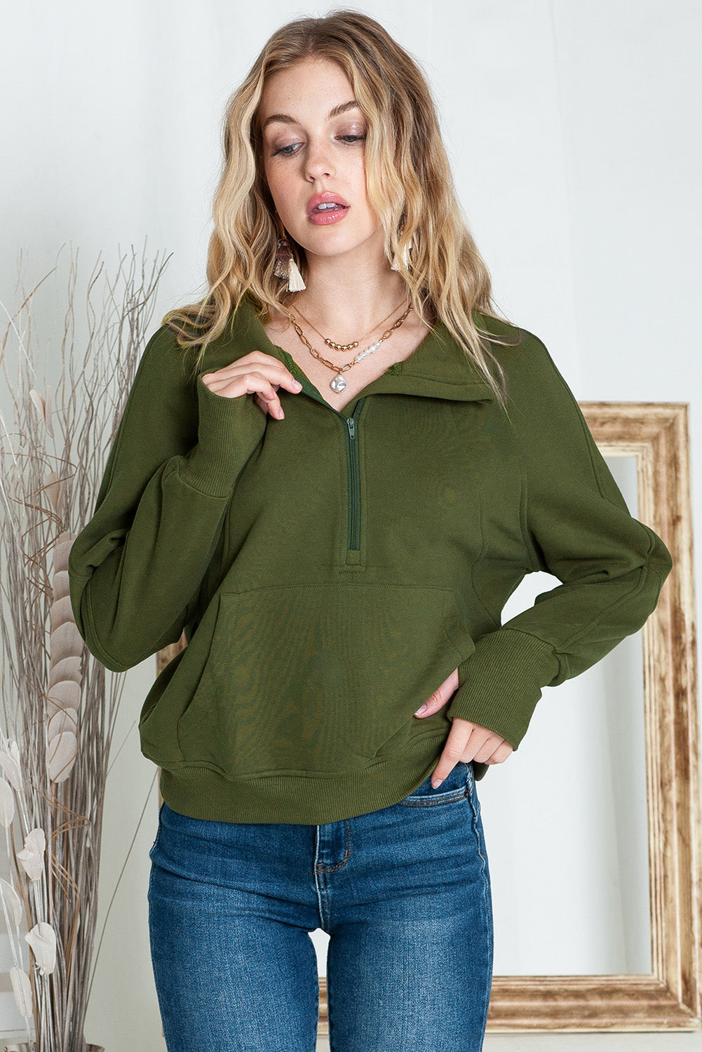 Brown Stand Collar Thumbhole Sleeve Sweatshirt