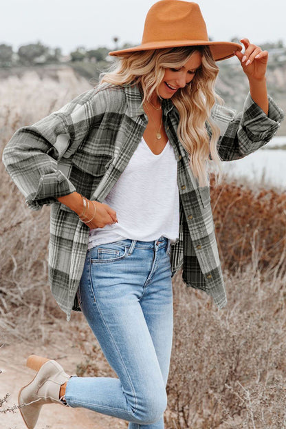 Pink and Grey Plaid Button Up Collar Flannel Shacket