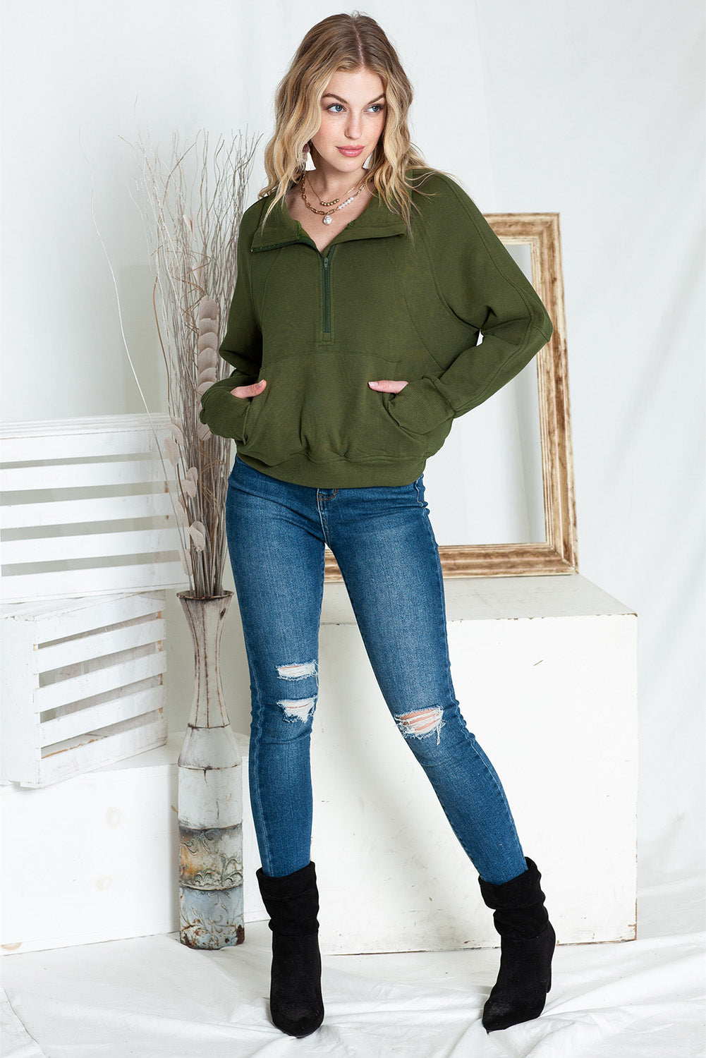 Brown Stand Collar Thumbhole Sleeve Sweatshirt