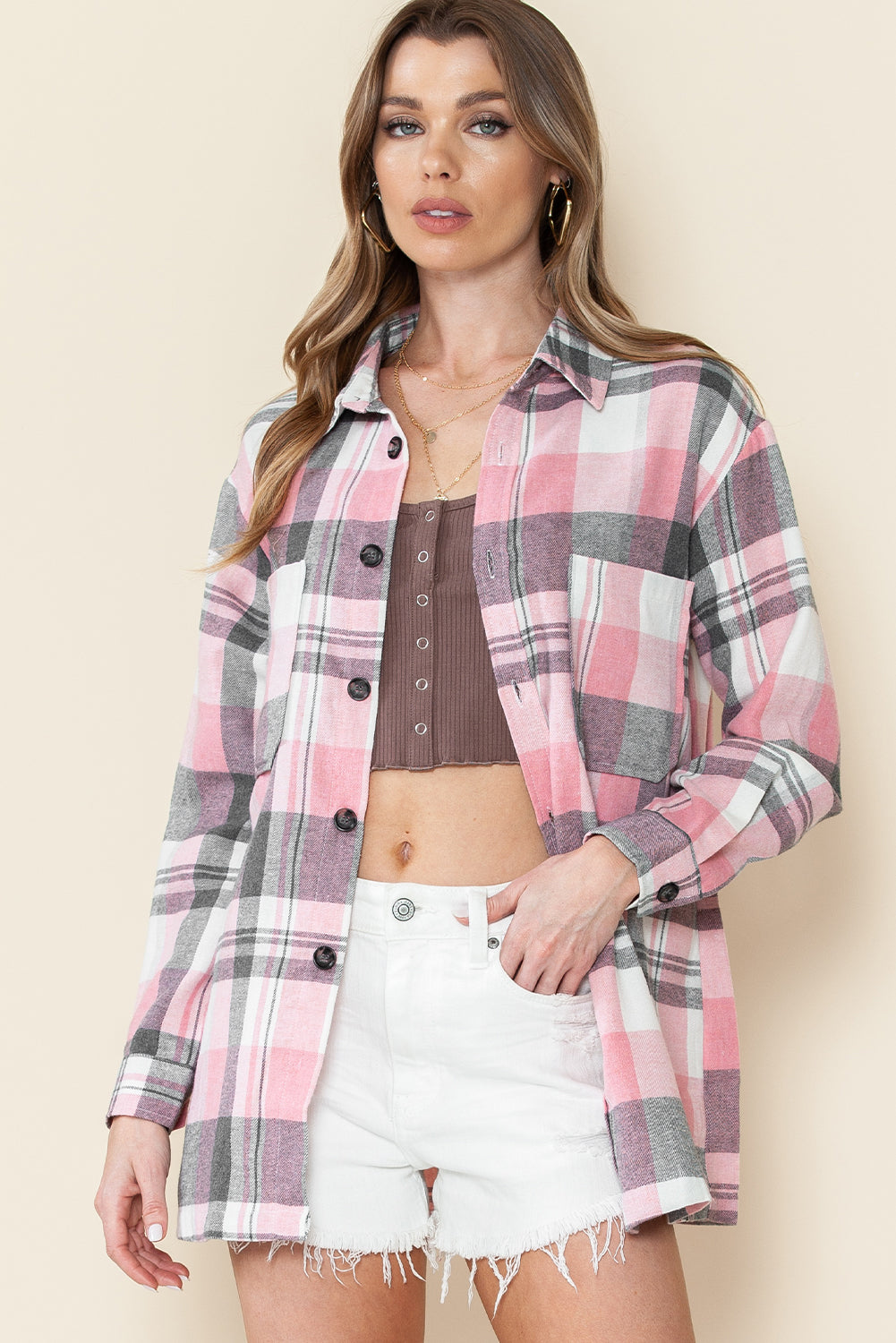 Pink Long Sleeve Collar Button Up Flannel Shacket