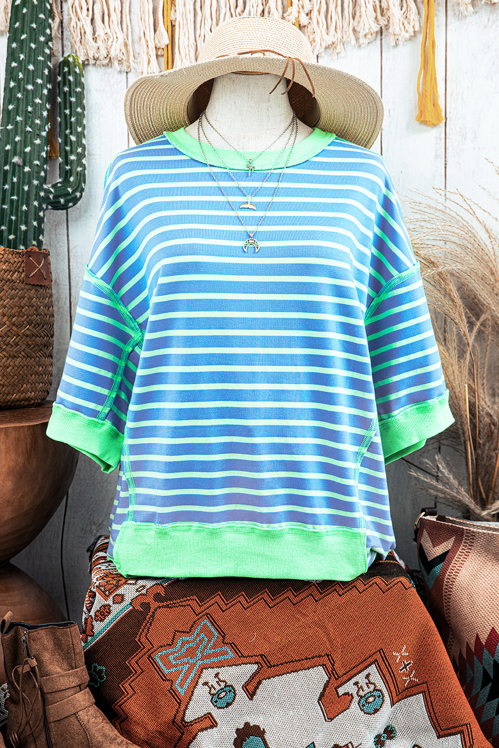 Pink Stripe Colorblock Drop Sleeve Loose Top