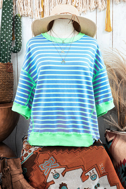 Pink Stripe Colorblock Drop Sleeve Loose Top