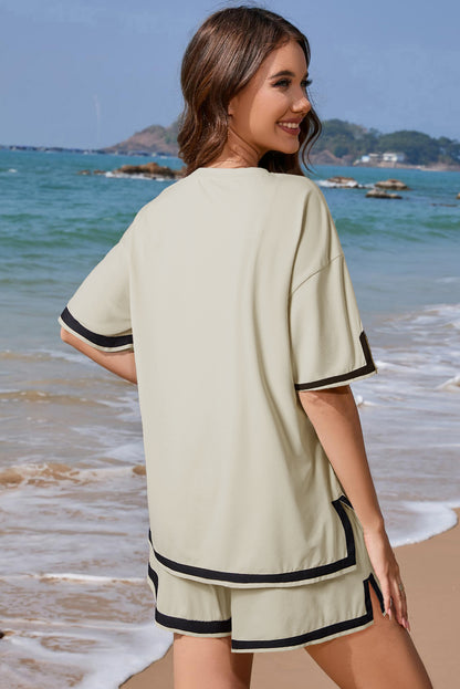 White Contrast Trim Tee and Drawstring Shorts Set