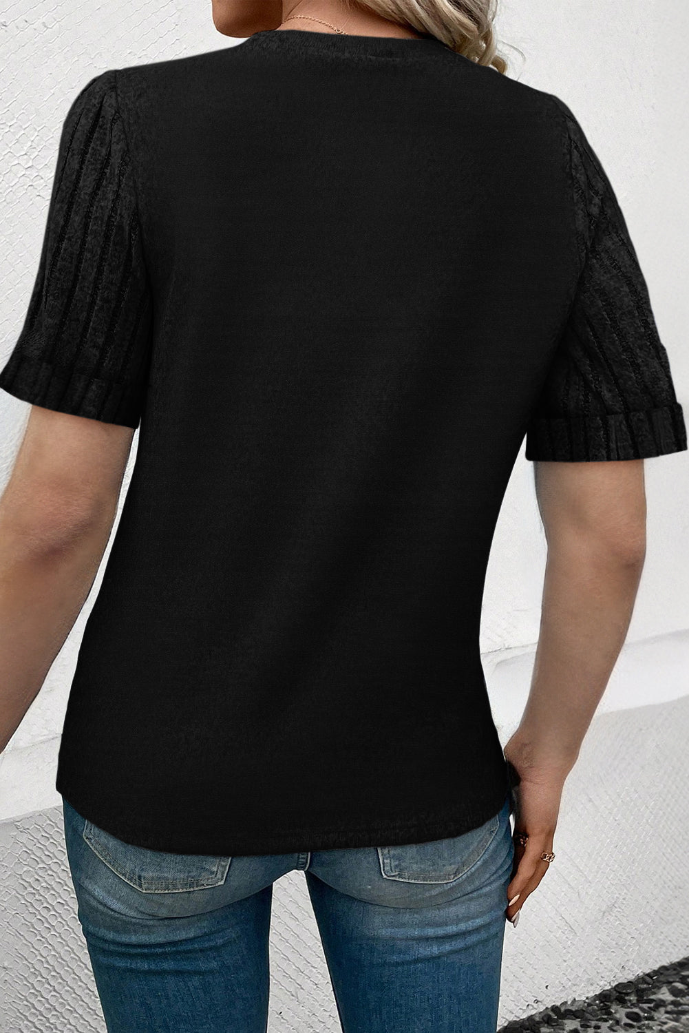 Black Ribbed Splicing Short Sleeve Round Neck Tee