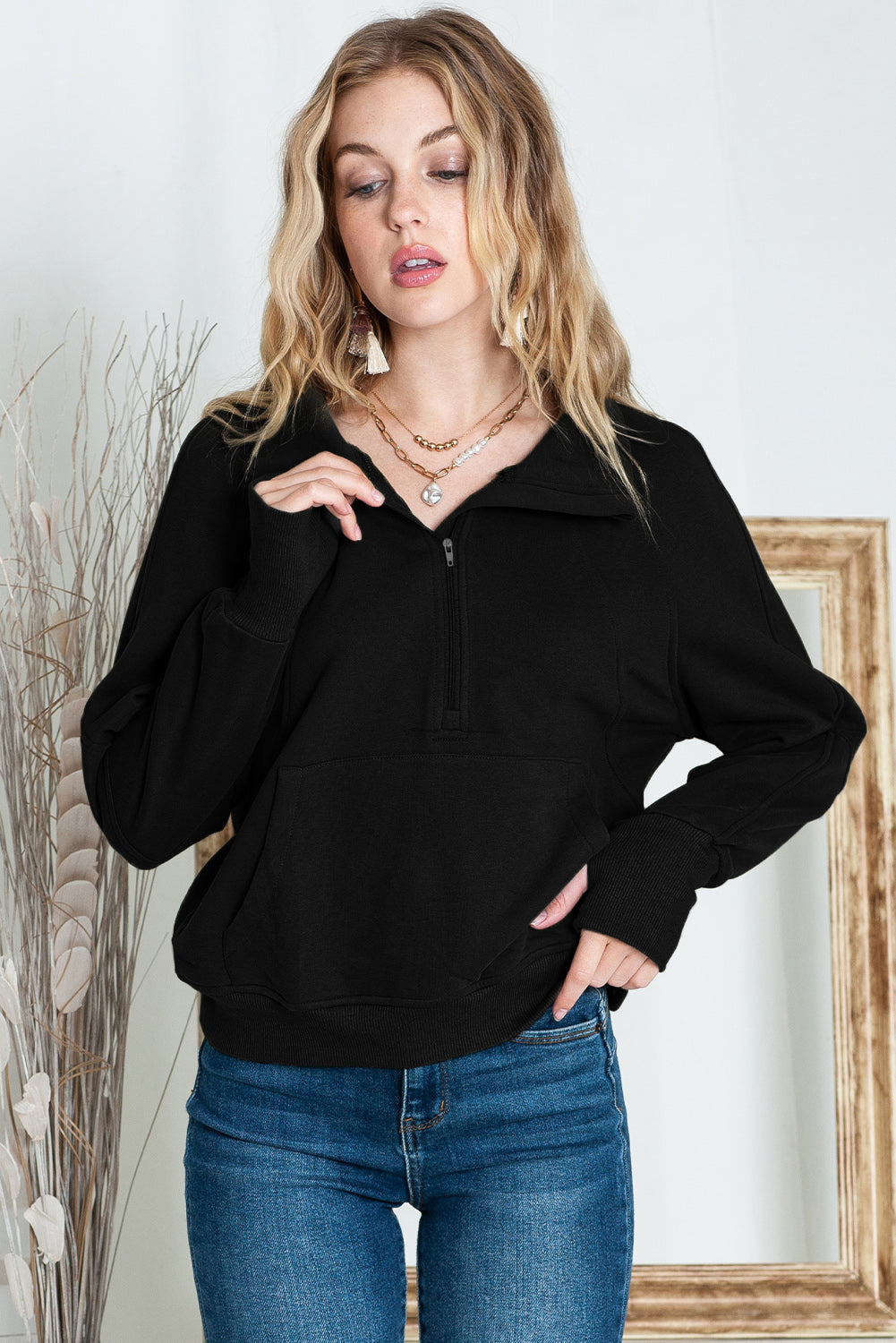 Brown Stand Collar Thumbhole Sleeve Sweatshirt