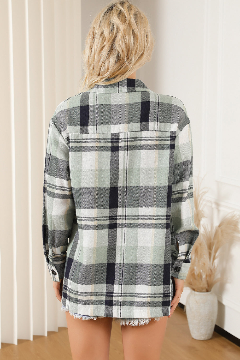 Pink Long Sleeve Collar Button Up Flannel Shacket