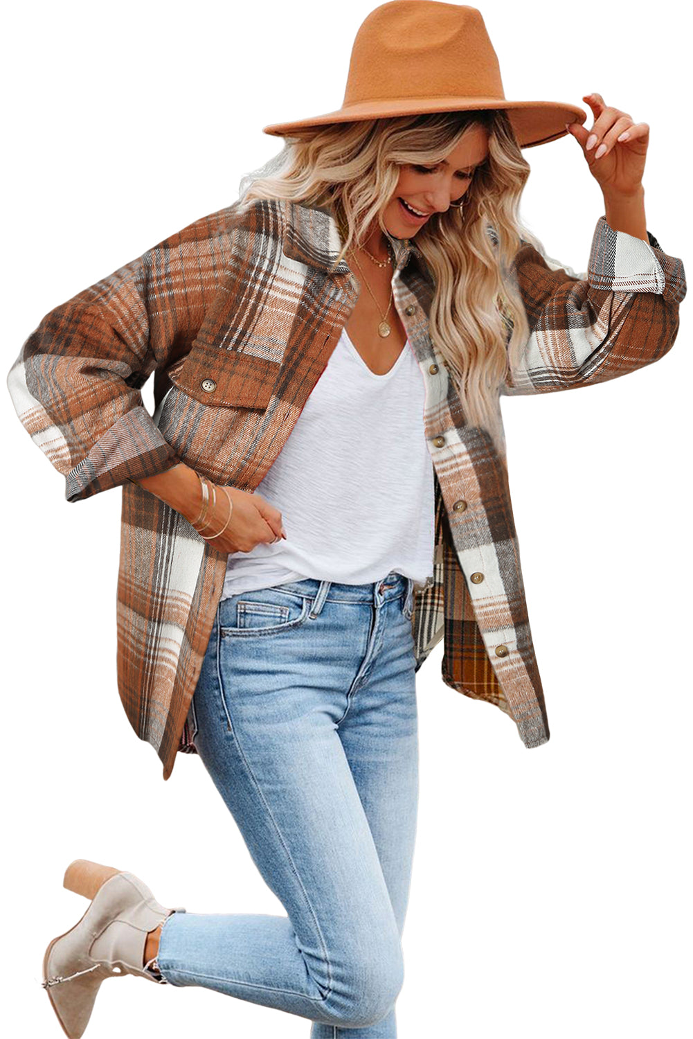 Pink and Grey Plaid Button Up Collar Flannel Shacket