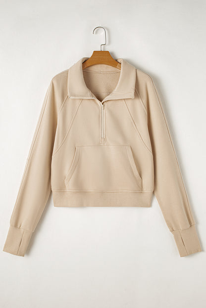 Smoke Green Zip Up Stand Collar Ribbed Thumbhole Sleeve Sweatshirt