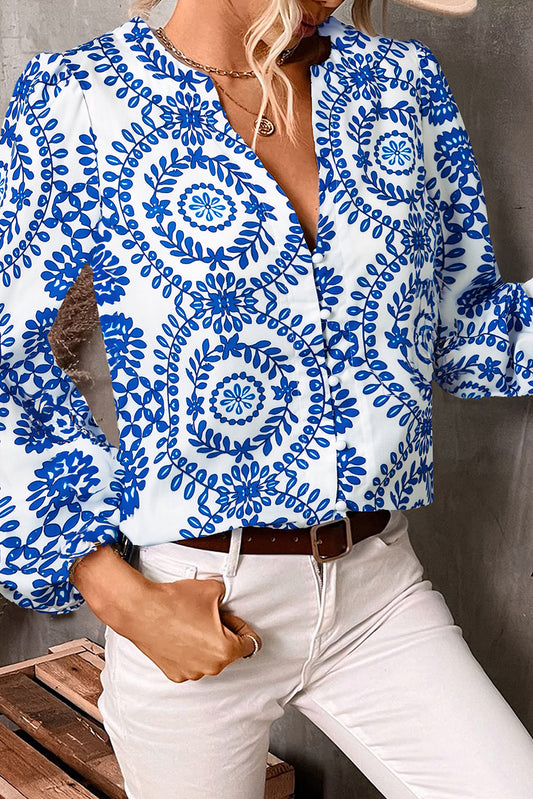 Sky Blue V Neck Puff Sleeve Boho Blouse