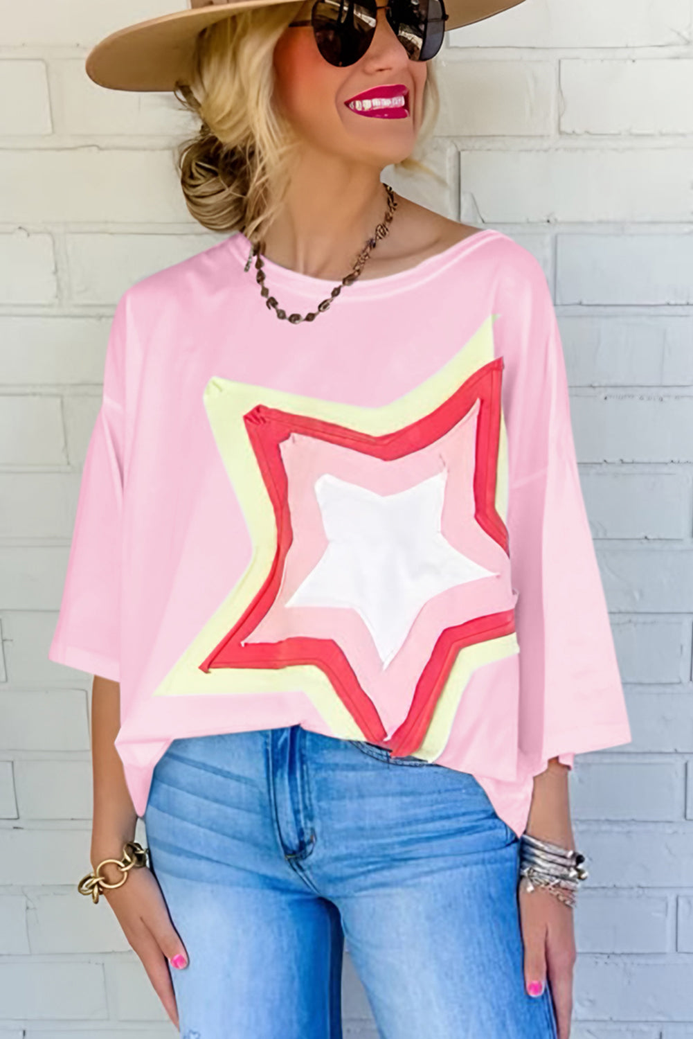 Light Pink Star Patch Colorblock Tee