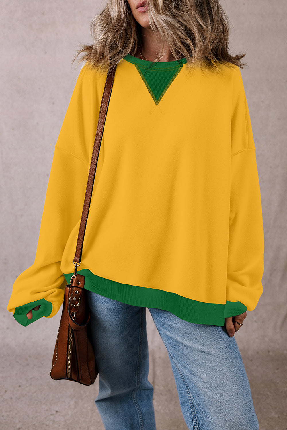 Red Clay Color Block Drop Shoulder Crewneck Oversized Sweatshirt