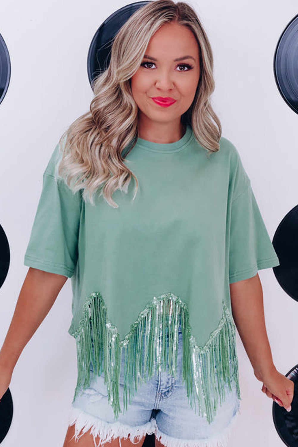 Pink Casual Fringe Sequin Hem Cropped T Shirt