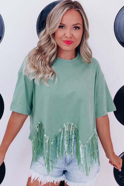 Pink Casual Fringe Sequin Hem Cropped T Shirt