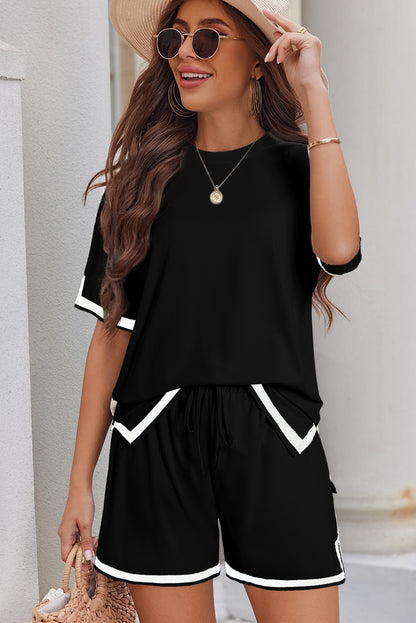 White Contrast Trim Tee and Drawstring Shorts Set