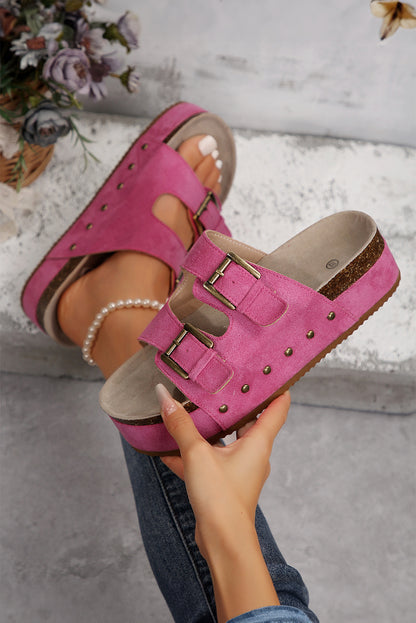 Chestnut Leopard Suede Dual Buckle Strap Platform Slides Shoes