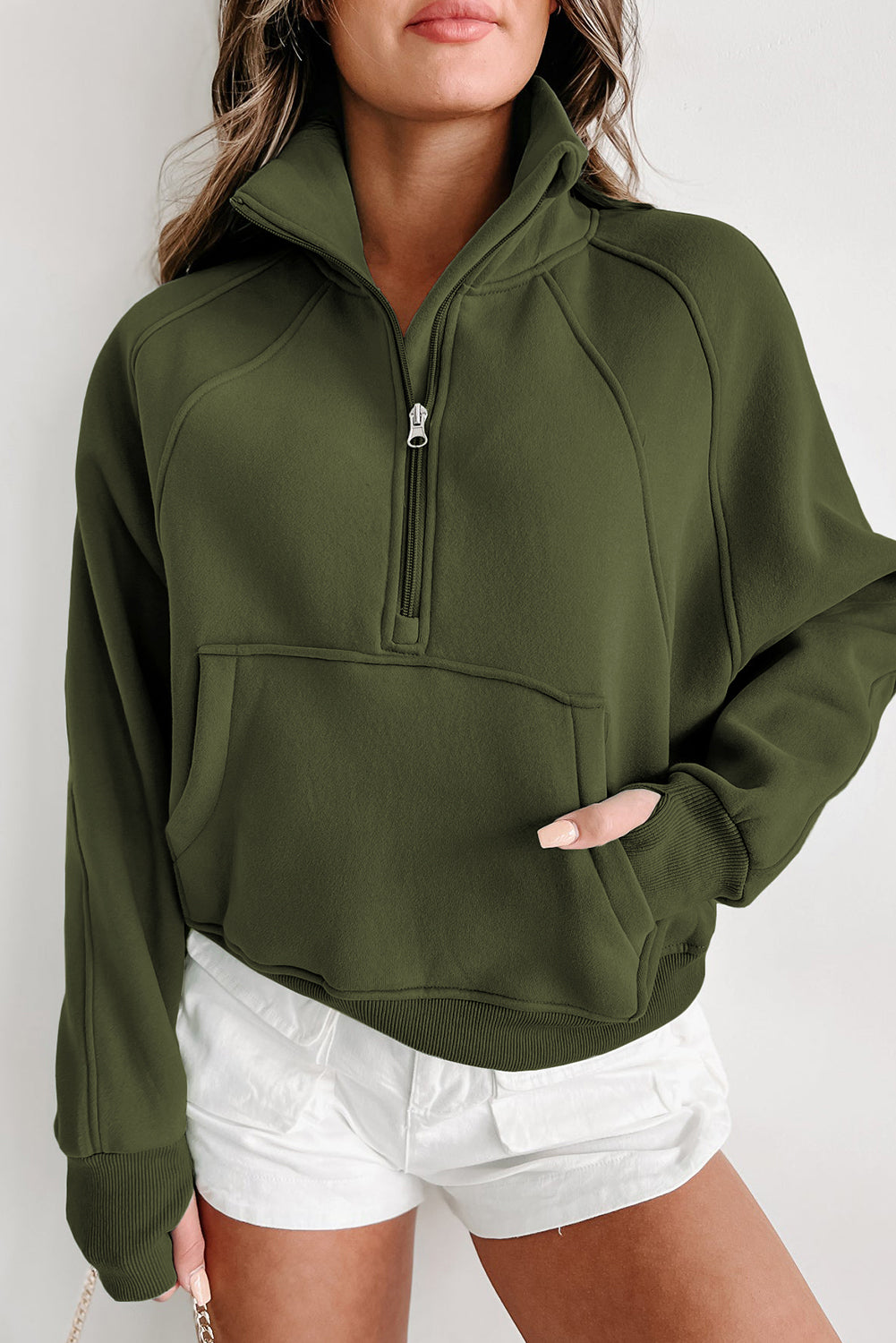 Brown Stand Collar Thumbhole Sleeve Sweatshirt