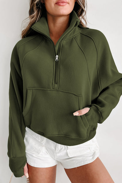 Brown Stand Collar Thumbhole Sleeve Sweatshirt