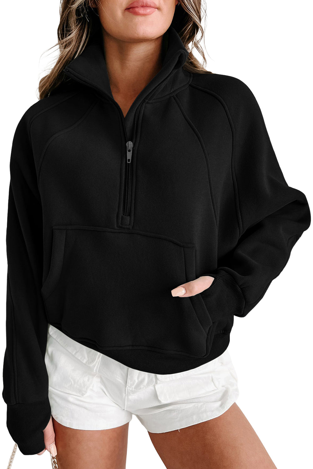 Brown Stand Collar Thumbhole Sleeve Sweatshirt