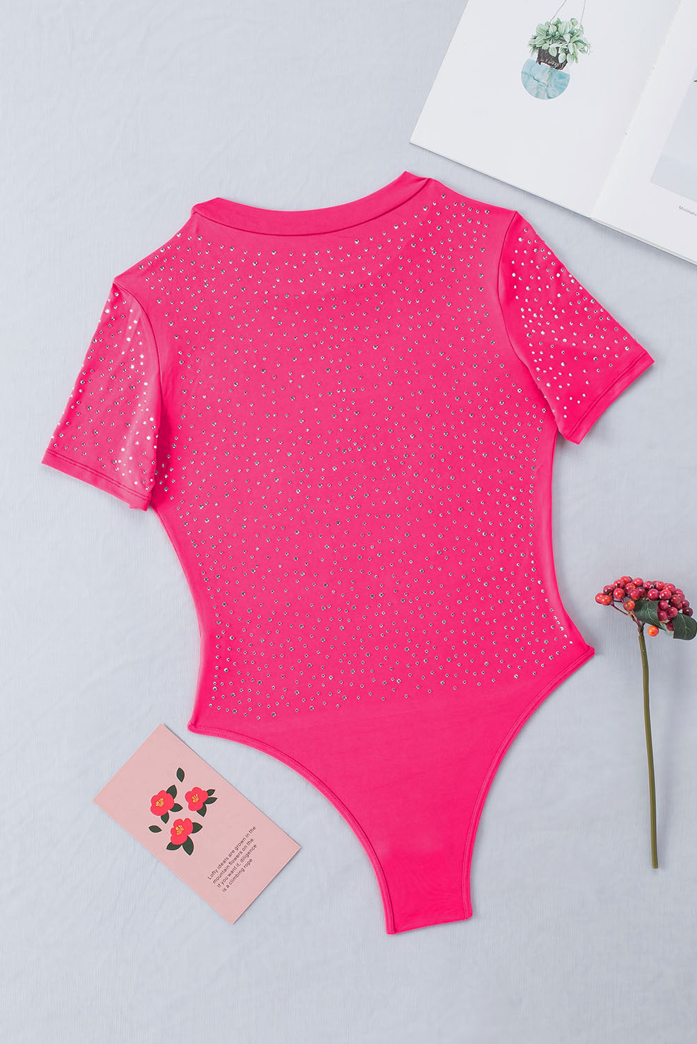 Black Rhinestone Allover Round Neck Short Sleeve Bodysuit