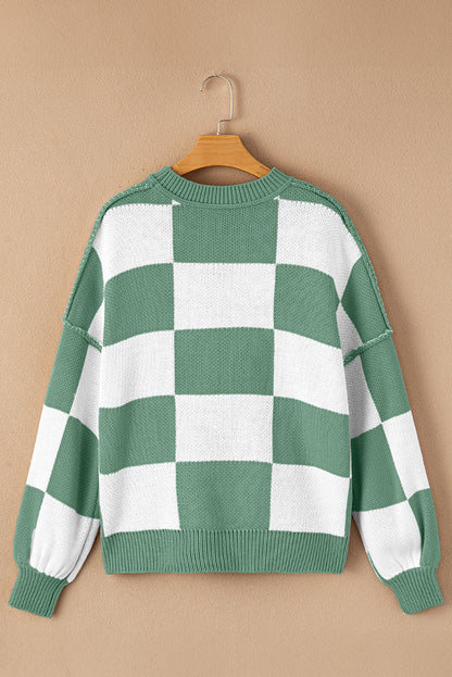 Pink Checked Bishop Sleeve Pullover Sweater