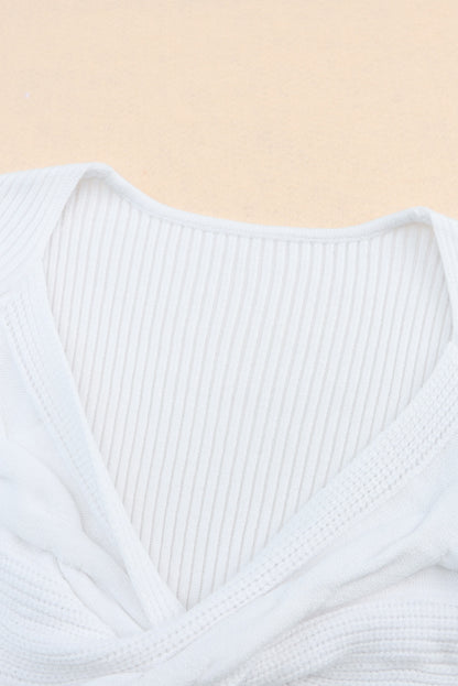 White Basic Cable Crossed V Neck Sweater