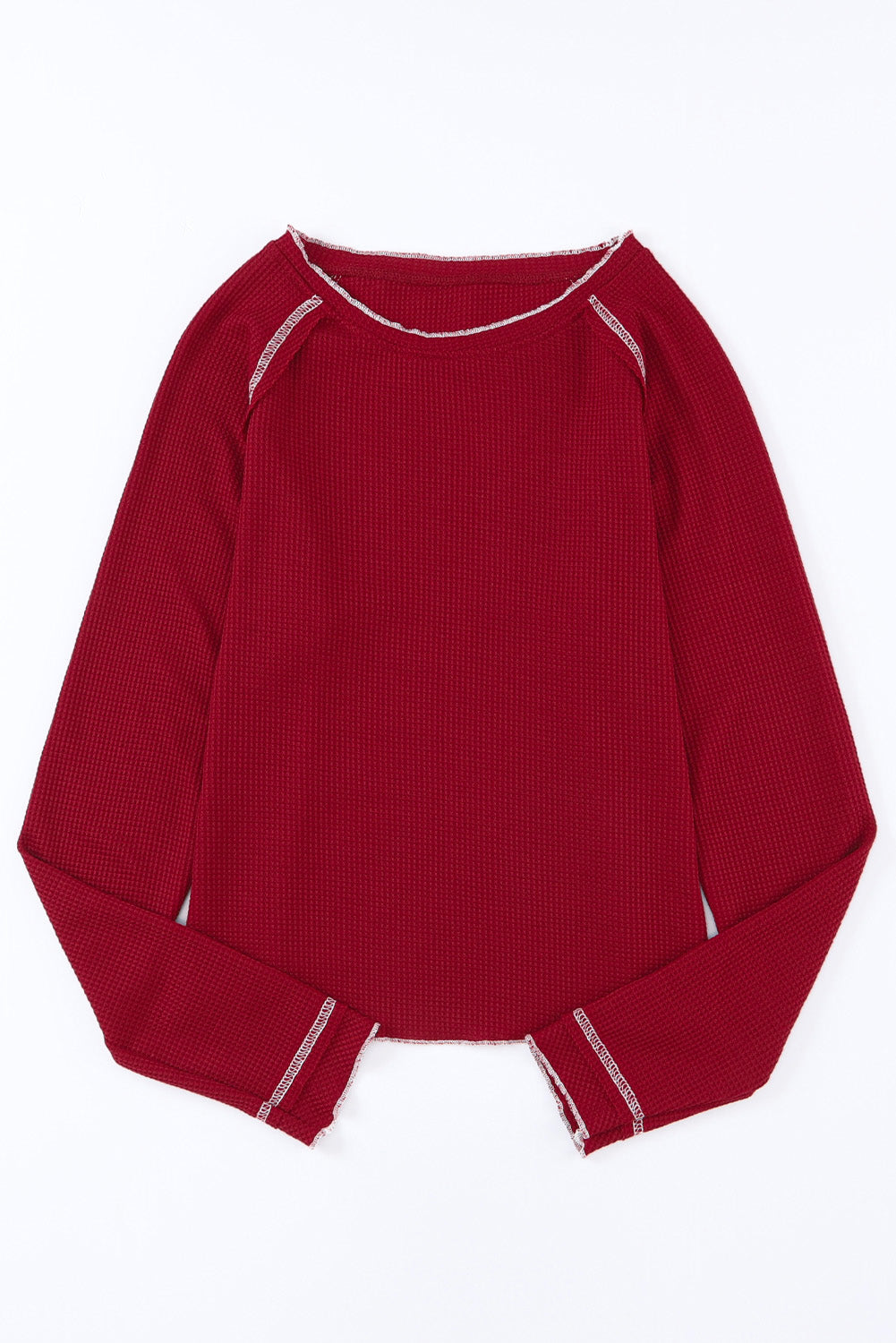 Red Exposed Seam Textured Pullover Long Sleeve Top