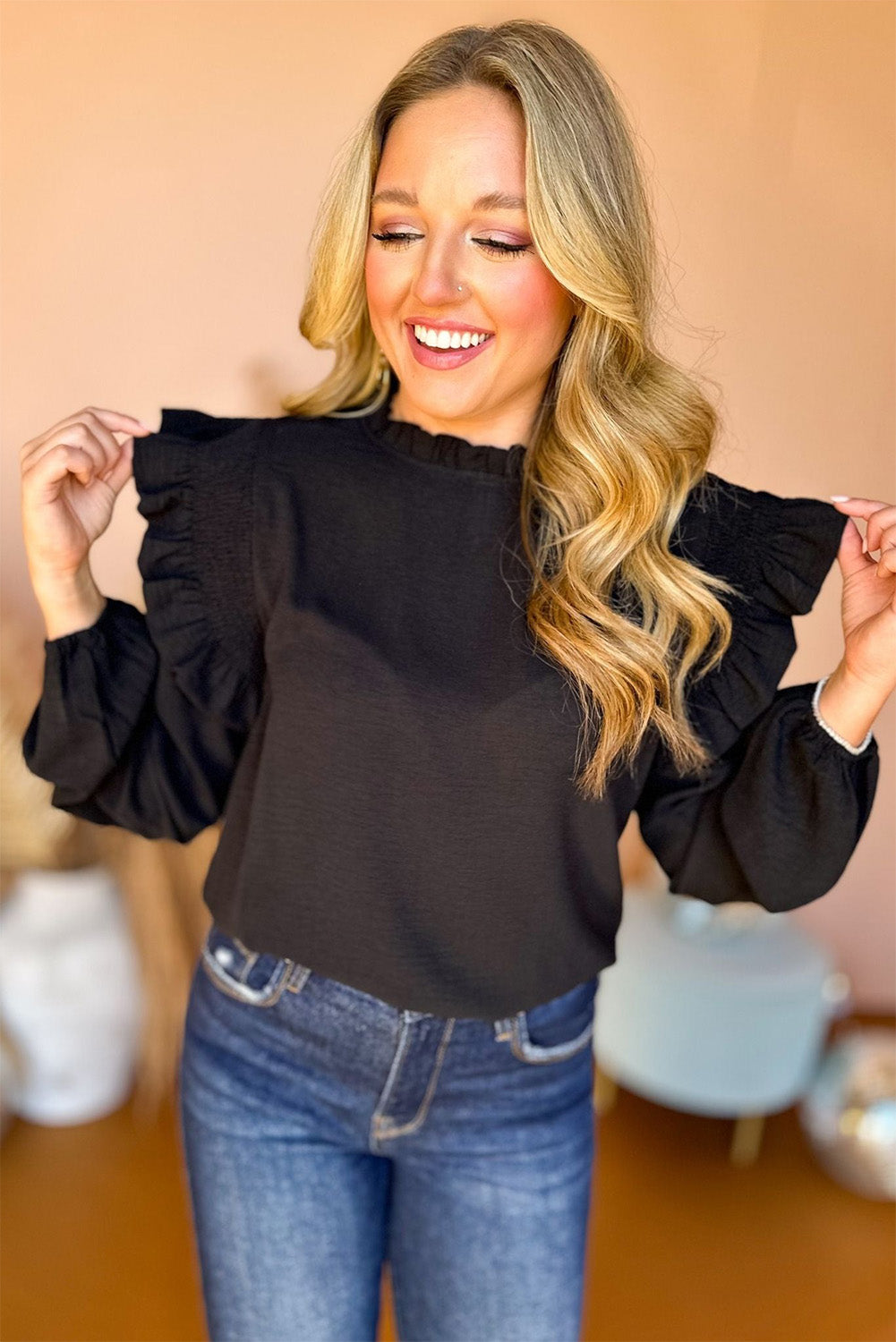 White Frilled Neck Ruffle Trim Bubble Sleeve Blouse