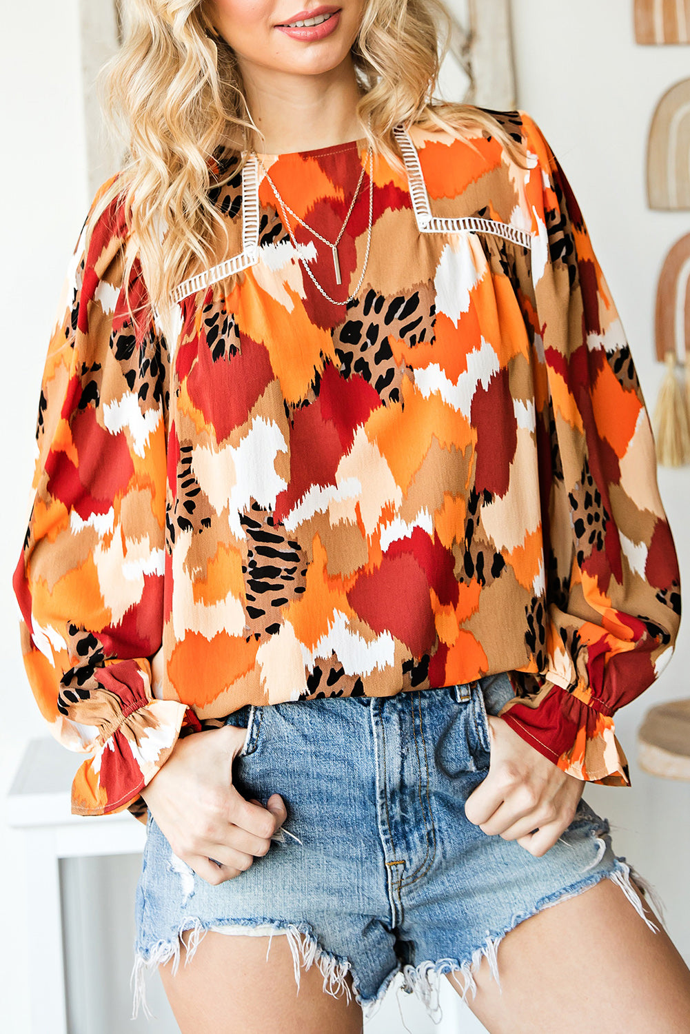 Multicolor Abstract Print Ruffle Puff Sleeve Blouse