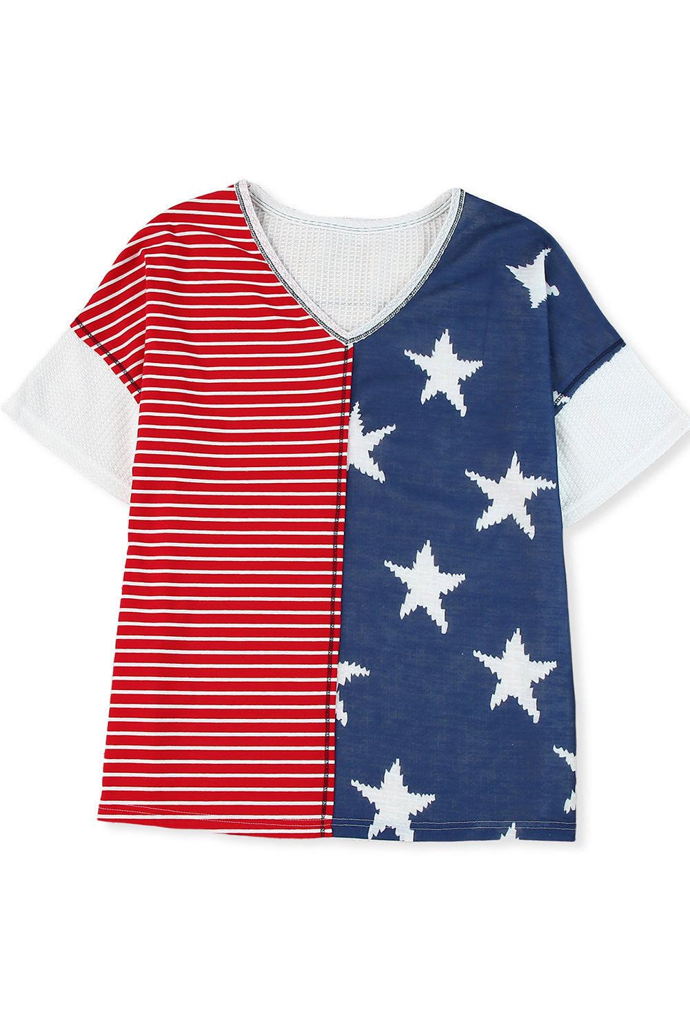 Blue Striped Stars Print V-Neck Tee
