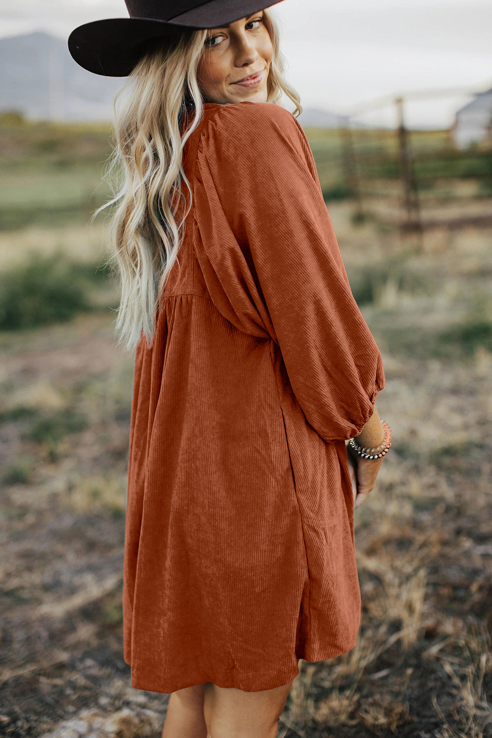Vineyard Green Snap Button Empire Waist Lantern Sleeve Corduroy Dress