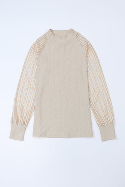 Black Basic Crew Neck Dressy Striped Mesh Long Sleeve Top