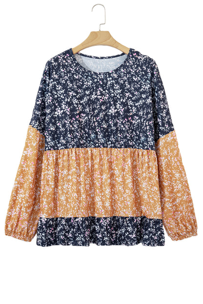 Orange Ditsy Floral Color Block Ruffle Hem Long Sleeve Top