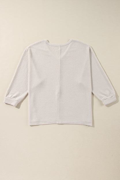 Rose Red Waffle Knit Side Slits Loose Fit V Neck Top