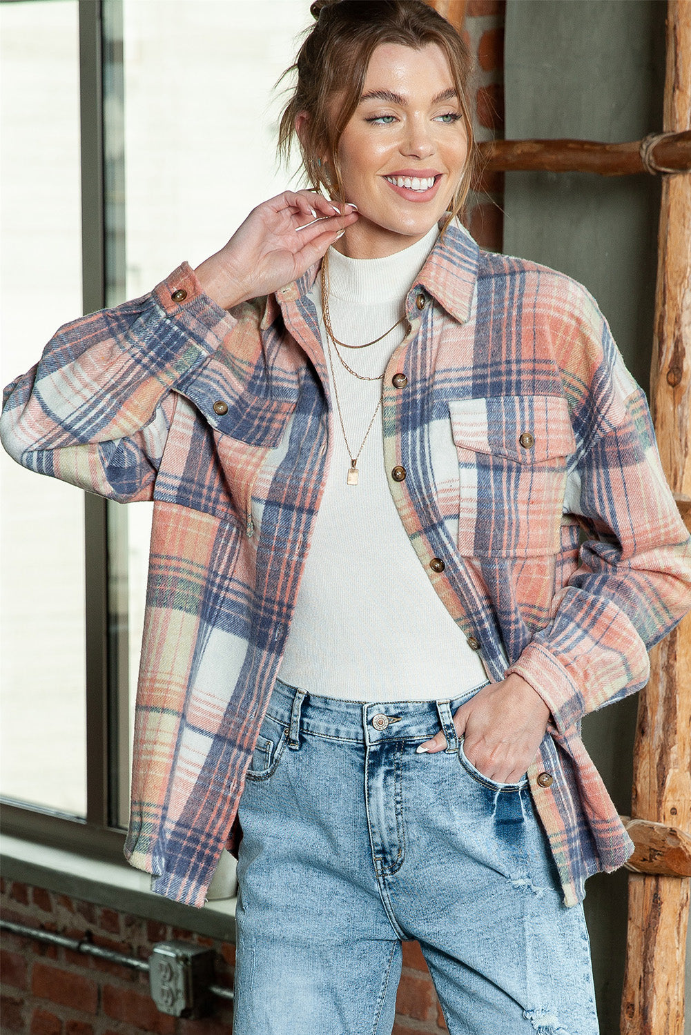 Pink and Grey Plaid Button Up Collar Flannel Shacket