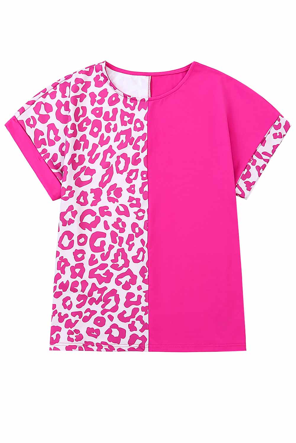 Leopard Color Block Casual Tee with Rolled Sleeves