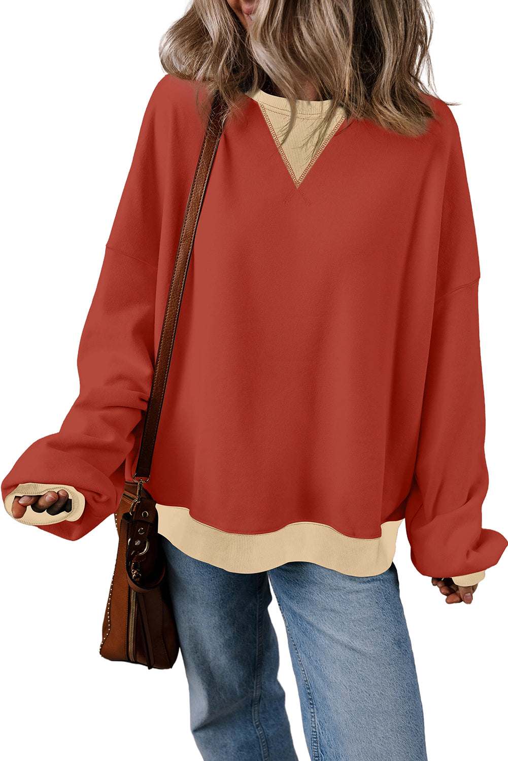 Red Clay Color Block Drop Shoulder Crewneck Oversized Sweatshirt