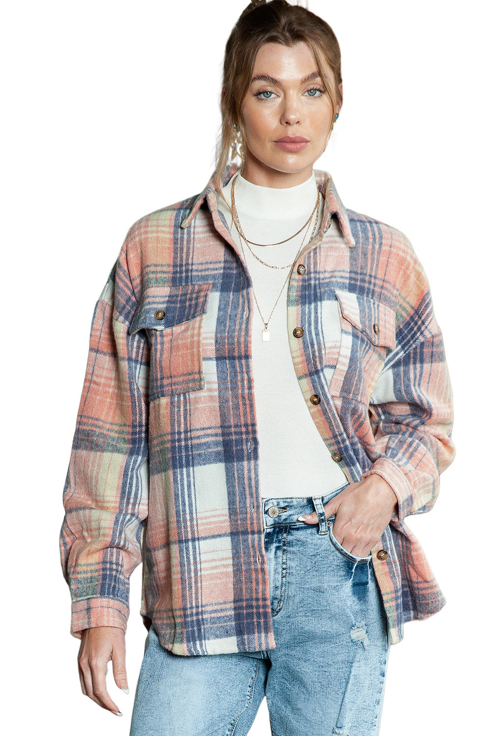 Pink and Grey Plaid Button Up Collar Flannel Shacket