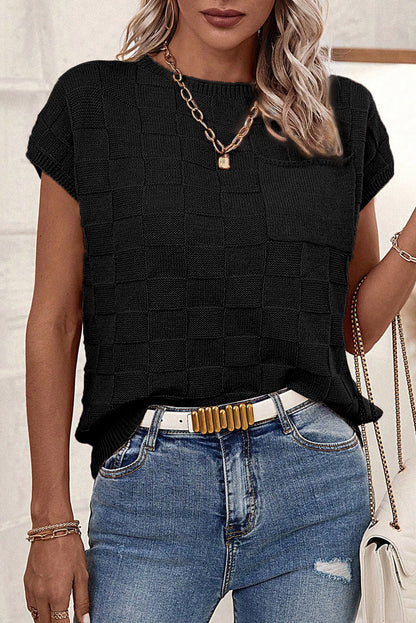 Dusty Pink Lattice Textured Knit Short Sleeve Baggy Sweater