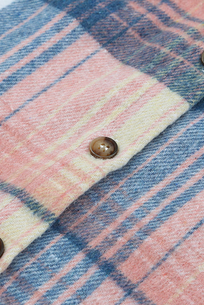 Pink and Grey Plaid Button Up Collar Flannel Shacket