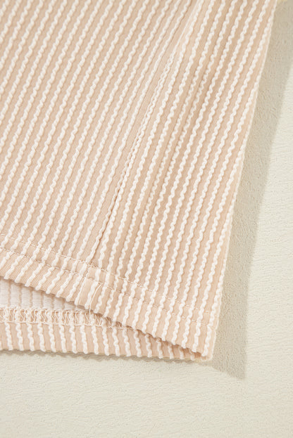 Pink Crinkle Rib Knit Pocketed Loose Fit Crew Neck T Shirt