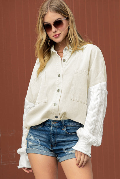 Green Cable Knit Patchwork Sleeve Raw Hem Shacket