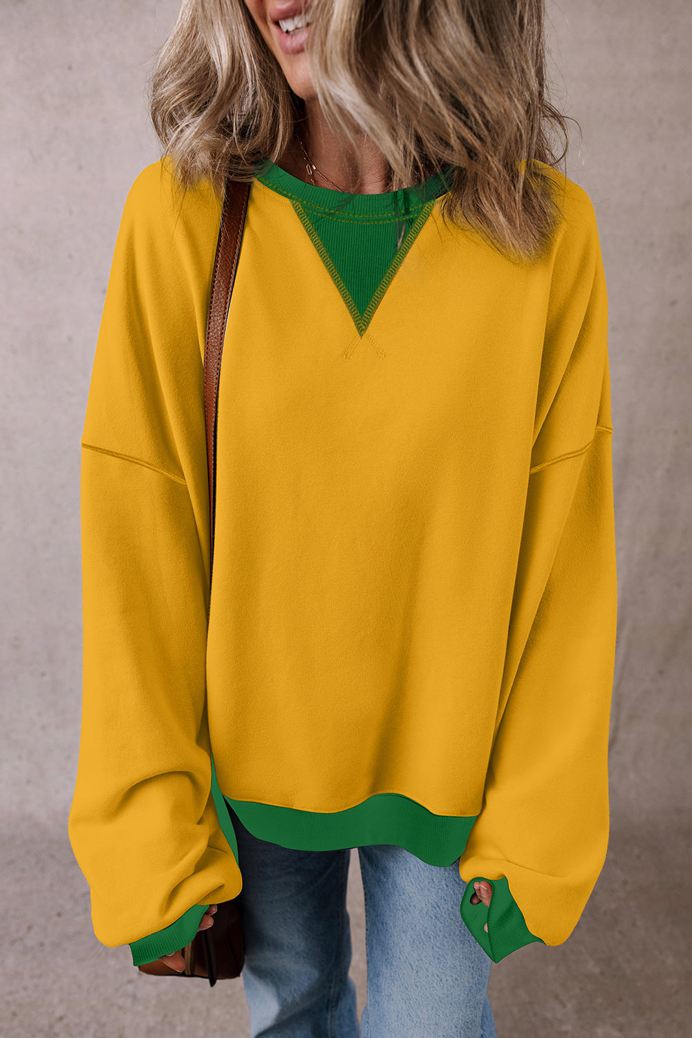 Red Clay Color Block Drop Shoulder Crewneck Oversized Sweatshirt