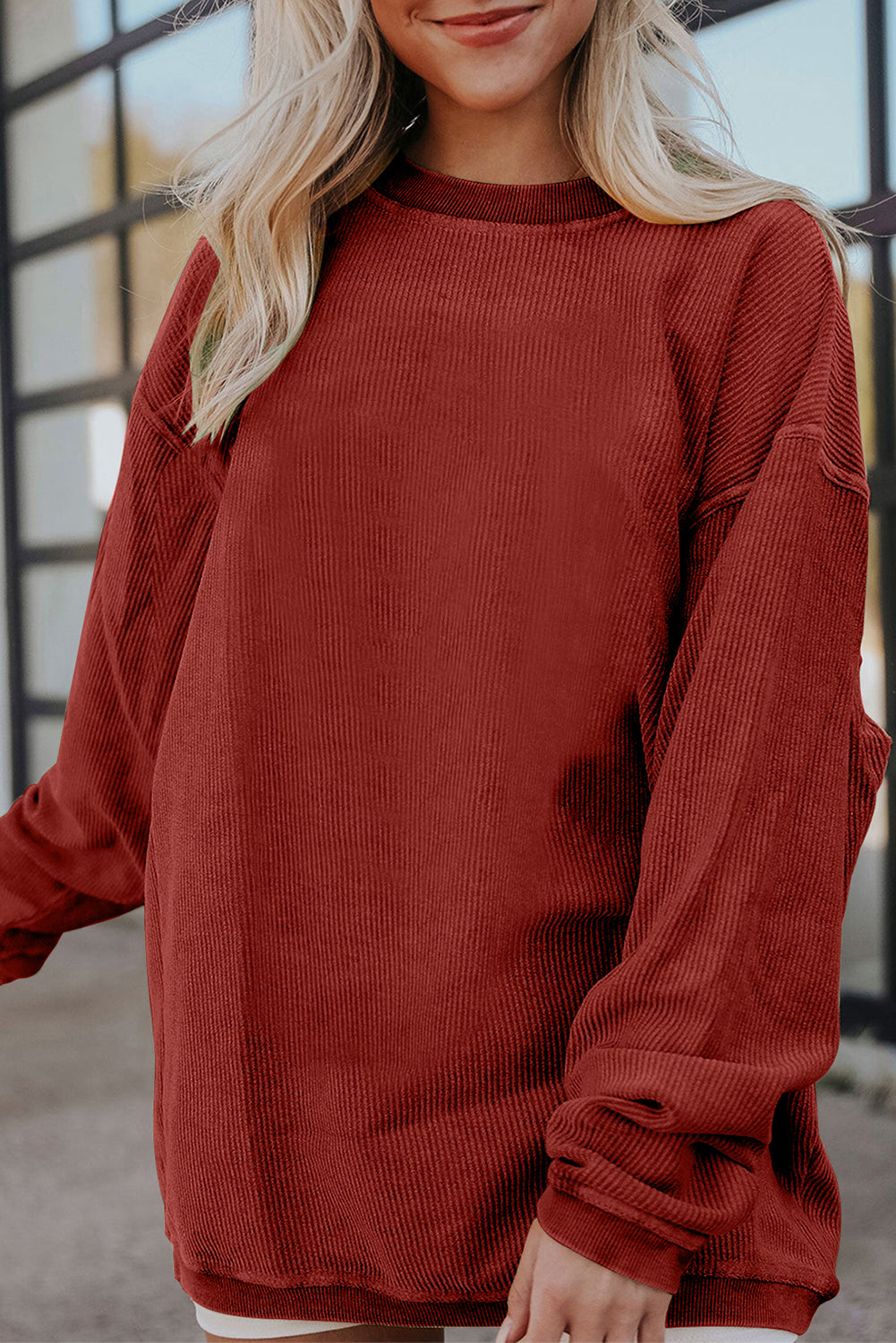 Strawberry Pink Drop Sleeve Ribbed Oversized Sweatshirt