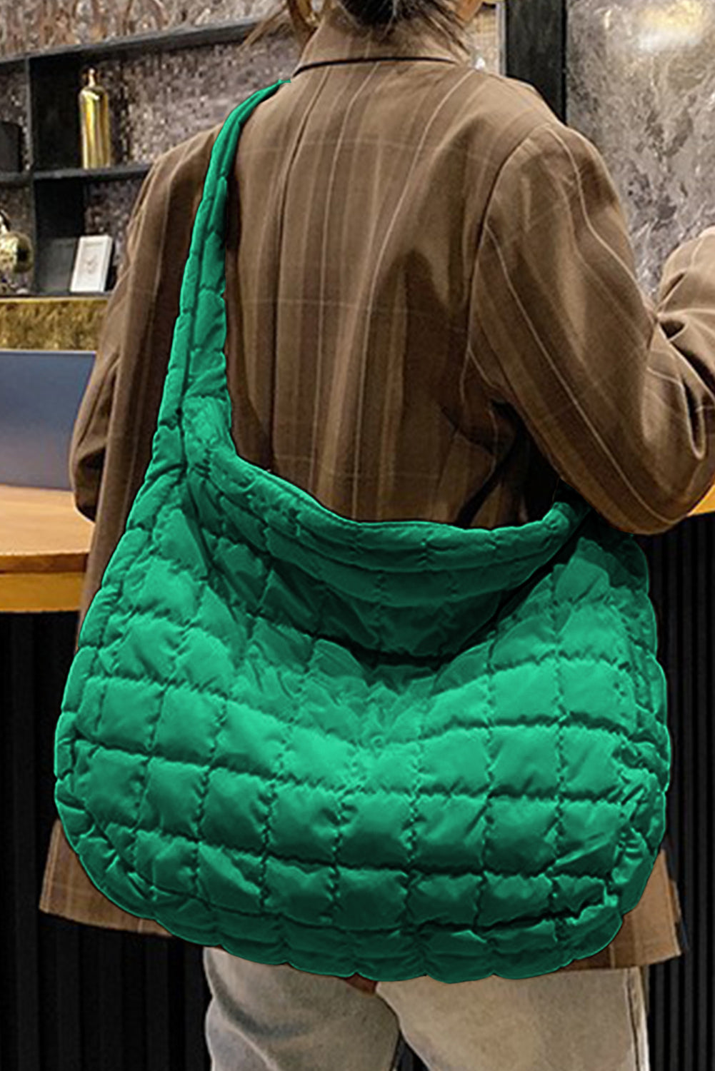 Coffee Casual Quilted Zipper Large Shoulder Bag