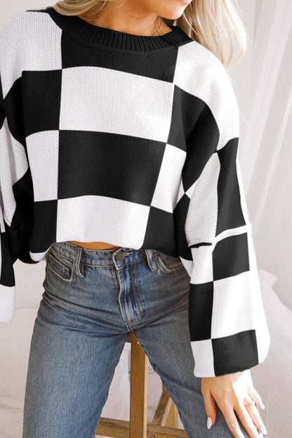 Pink Checked Bishop Sleeve Pullover Sweater